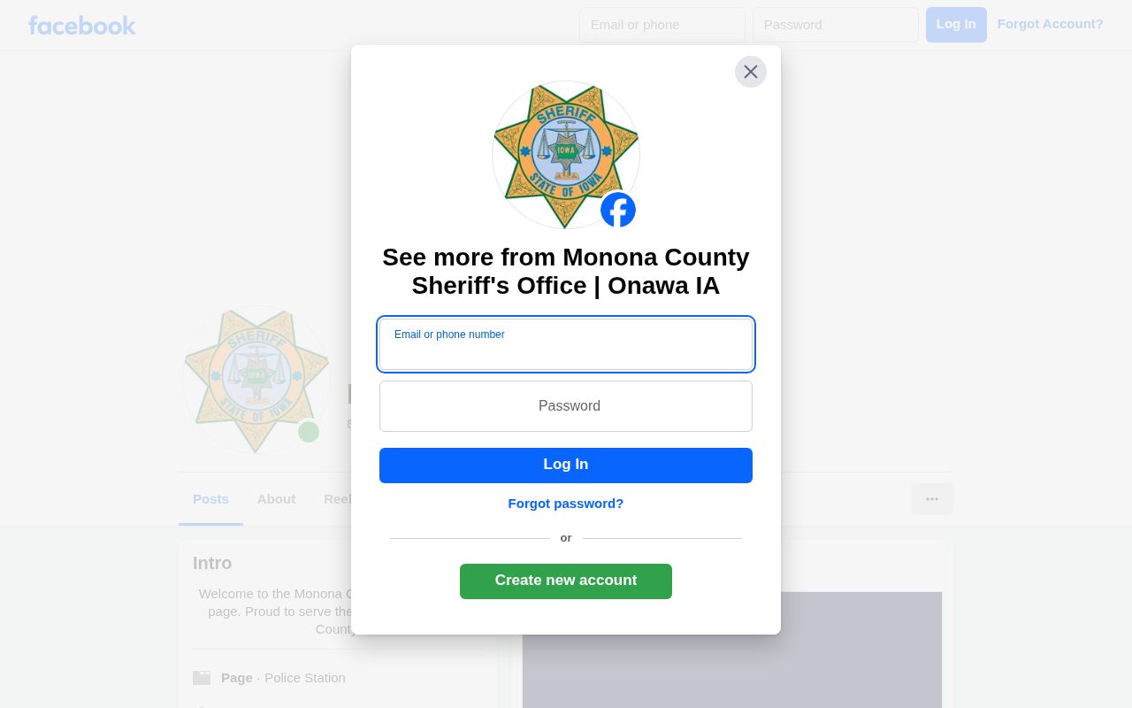 Monona County Sheriff official Facebook account landing page
